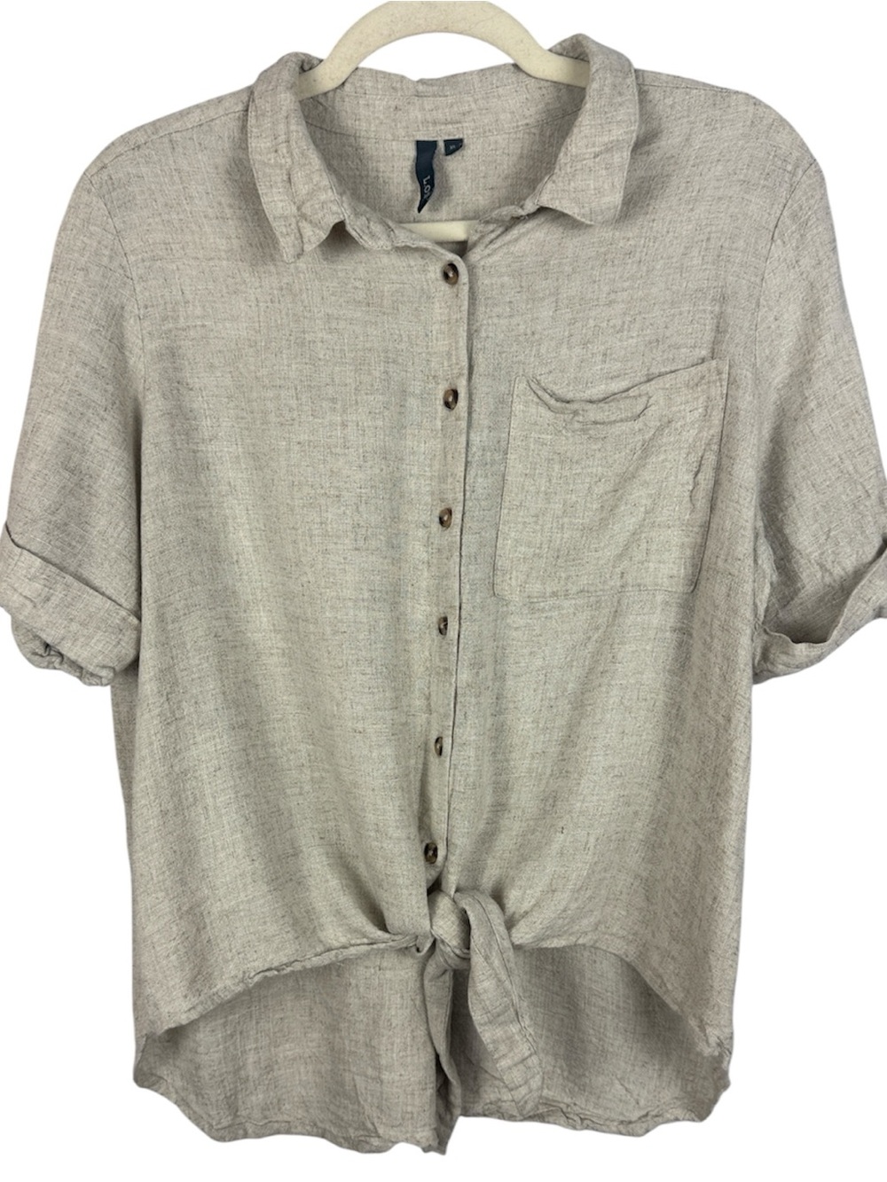L.O.V. Neutral Linen Viscose Blend Tie Front Button Down Short Sleeve Shirt XL